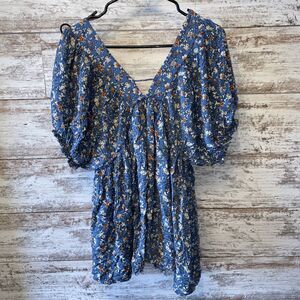 Millibon Blue Floral Boho Tunic Top Size Medium